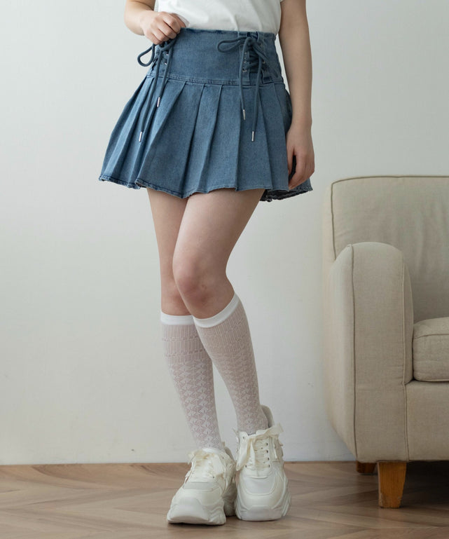ダブルレースアップデニムスカート/デニム モデル：155cm F着用