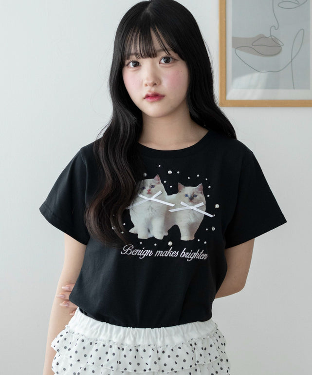 装飾付きネコリボンT/ブラック モデル：155cm F着用