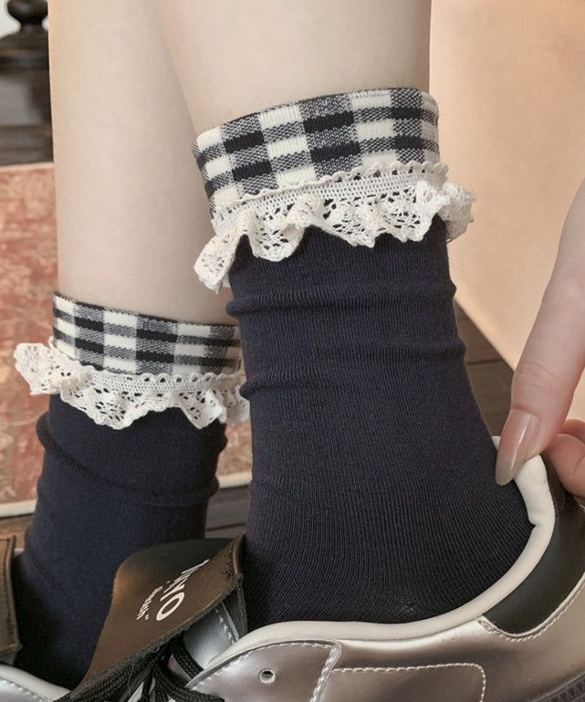 チェックフリルソックス(23-25cm)/ネイビー