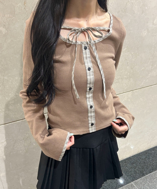 チェックパイピングリボントップス/ブラウン モデル：158㎝ F着用