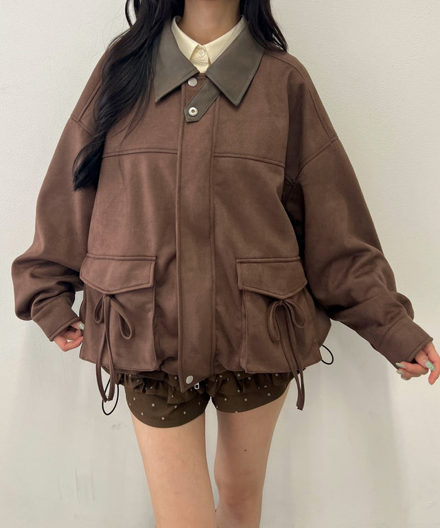 バイカラーリボンポケットスウェードタッチジャケット