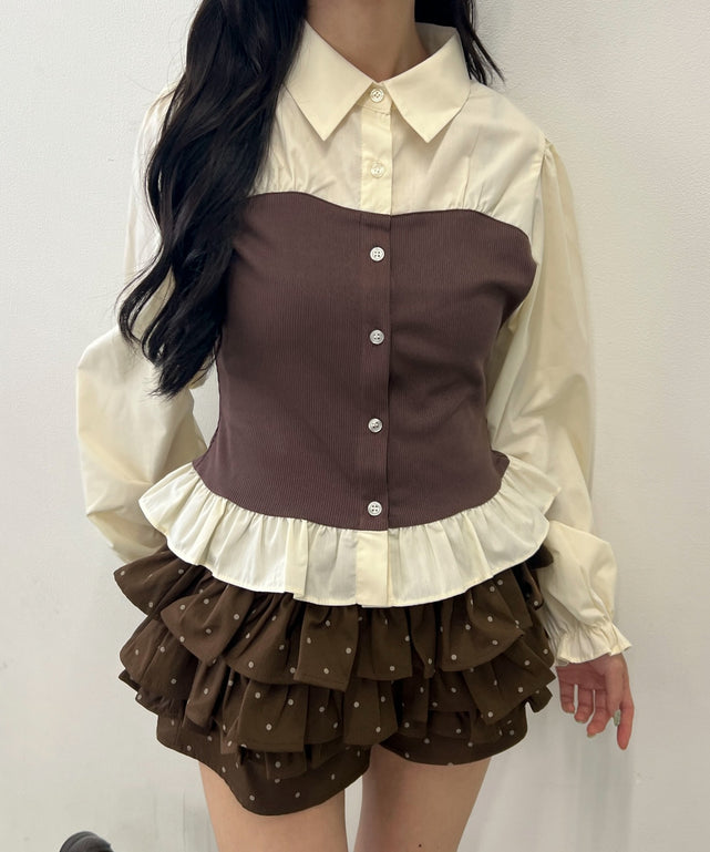 フリルビスチェブラウス/ブラウン モデル：158㎝ F着用