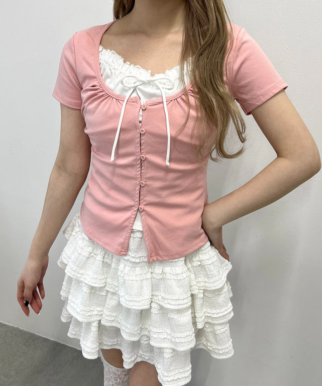 フェイクカーデレイヤードトップス/ピンク モデル：160㎝ F着用