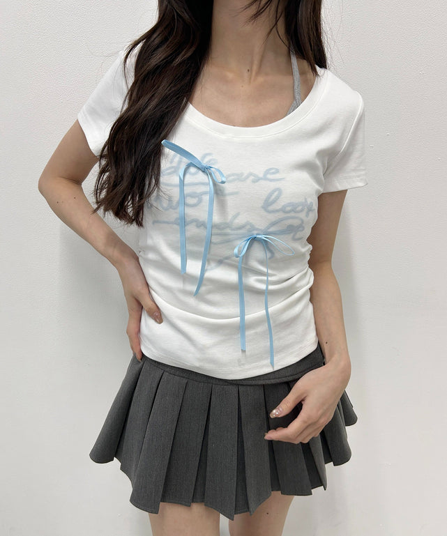 メッセージリボンTシャツ/ホワイト モデル：157㎝ F着用