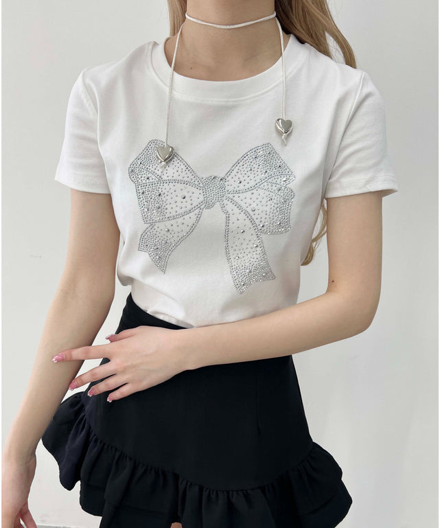 リボンストーンロゴTシャツ/ホワイト モデル：160㎝ F着用