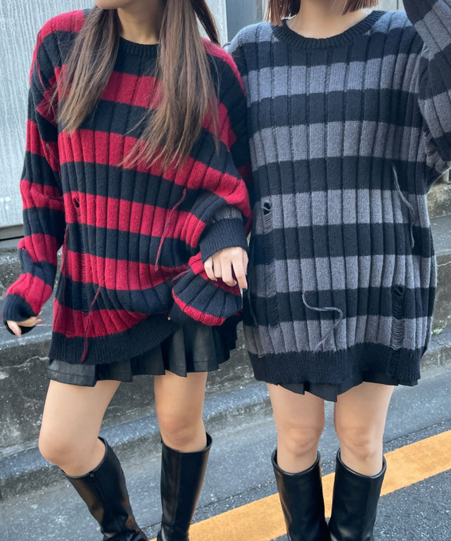 ボーダーワイドリブダメージニット