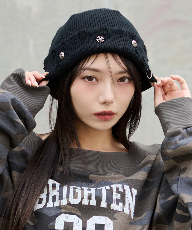 メタルチャームニットキャップ/ブラック
