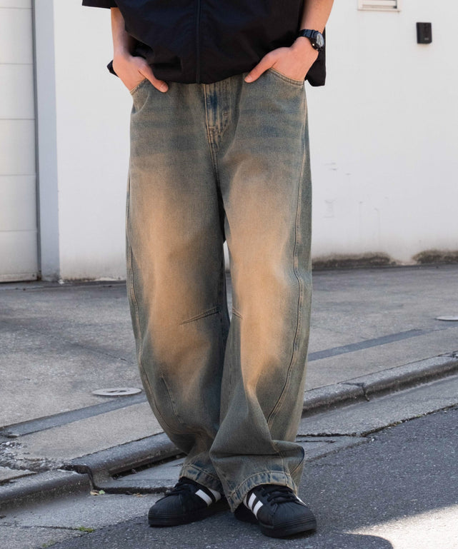 イージーバレルレッグデニムパンツ/デニム淡加工 モデル：175cm L着用