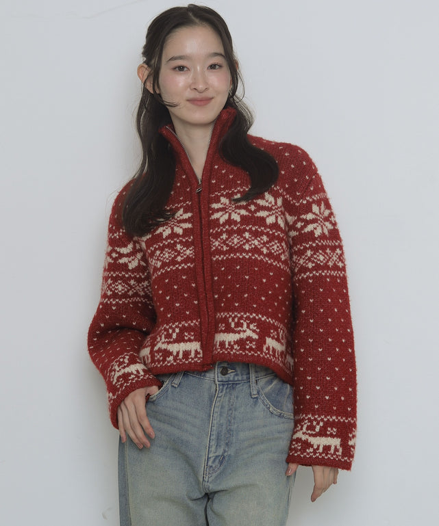 ノルディックZIPニット/レッド　モデル：163cm F着用