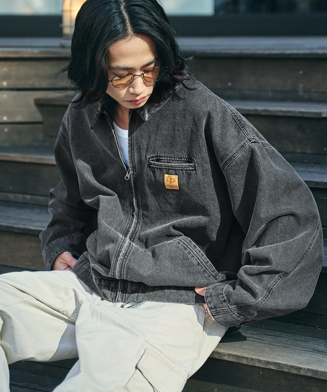 ワーカーズデニムZIPジャケット/デニムブラックソノタ　モデル:175cm L着用